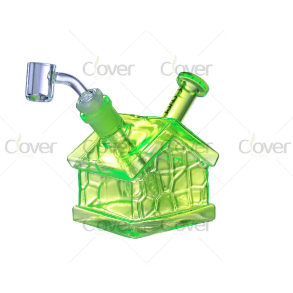 Clover Glass home rig, 3D borosilicate house-shaped dab rig with detailed glasswork and vibrant colors