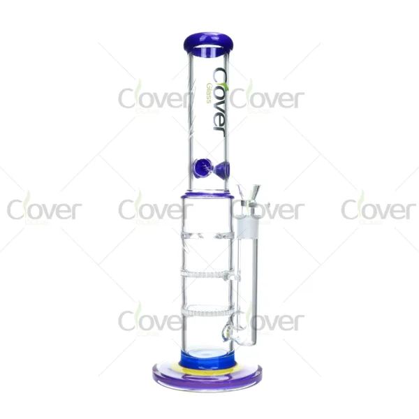 Large glass water pipe with triple honeycomb percolators, purple accents and ice catcher, Clover Glass bong