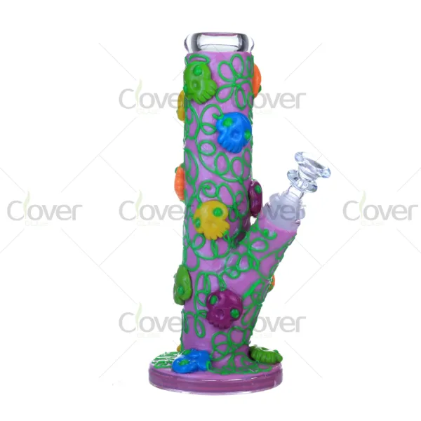 Glow in the dark flower design glass bong with purple body and colorful 3D patterns, handcrafted water pipe by Clover Glass