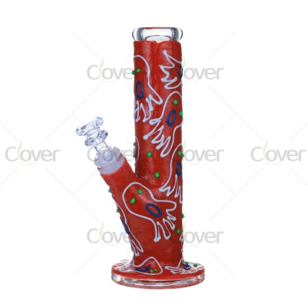 Red glow in the dark glass bong with hand-painted ghost pattern, luminous spooky water pipe by Clover Glass