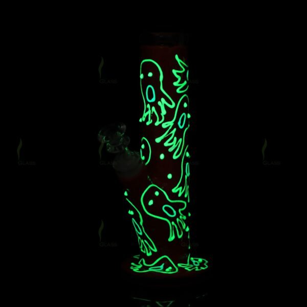 Red glow in the dark glass bong with hand-painted ghost pattern, luminous spooky water pipe by Clover Glass