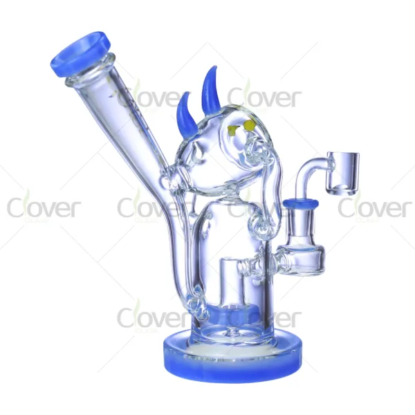 Clover Glass blue monster bong, hand-blown borosilicate dab rig featuring 3D horn design and thick stable base