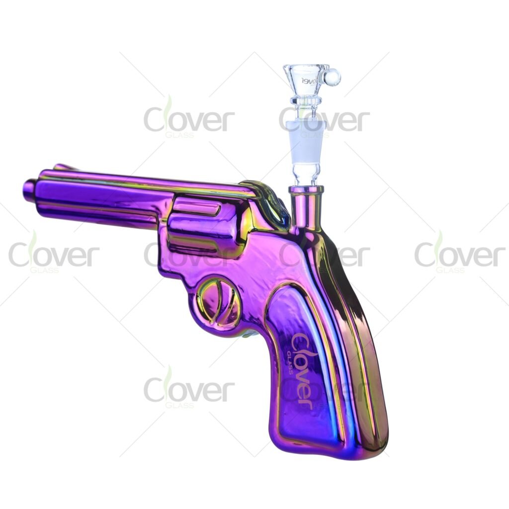 Iridescent gun-shaped glass bong set with gift box packaging – Clover Glass water pipe novelty design