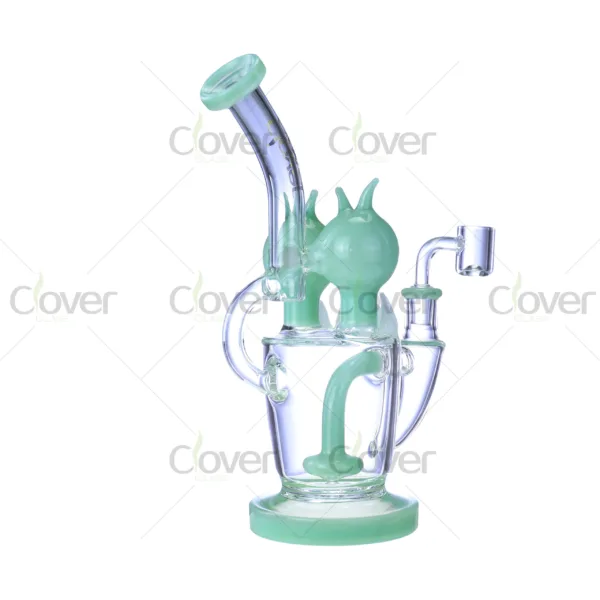 Clover Glass fantasy creature dab rig, hand-blown borosilicate rig featuring monster eye head and smooth airflow recycler system