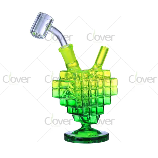 Clover Glass pixel heart bong, artistic borosilicate dab rig featuring 3D pixel design and gradient glass colors