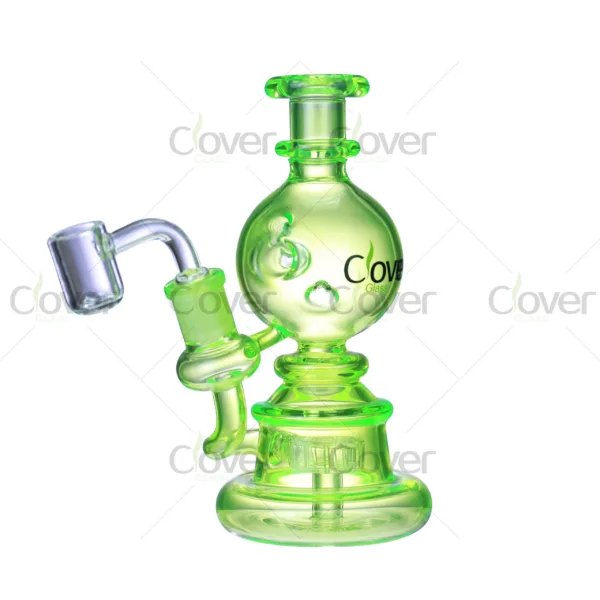 Clover Glass round orb recycler rig, handcrafted borosilicate dab rig featuring smooth airflow and artistic spherical body