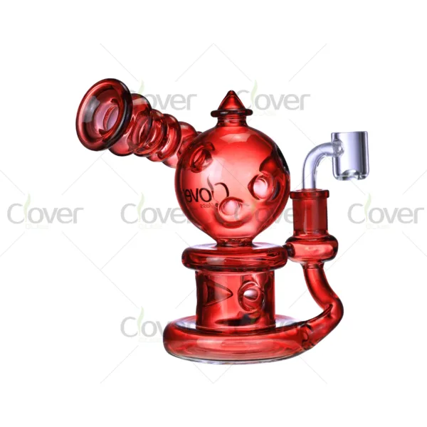 Clover Glass UFO recycler rig, spiral-neck borosilicate glass dab rig featuring round orb body and smooth filtration