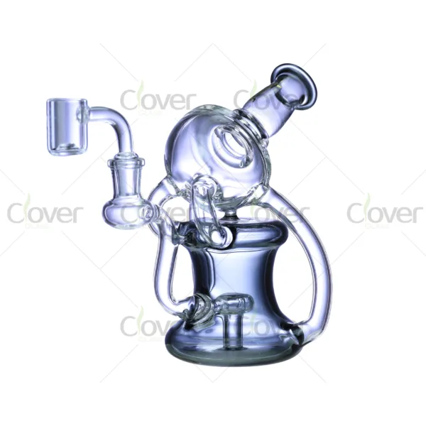 Clover Glass triple-chamber recycler rig, functional borosilicate dab rig featuring multiple cooling paths and ergonomic bent neck