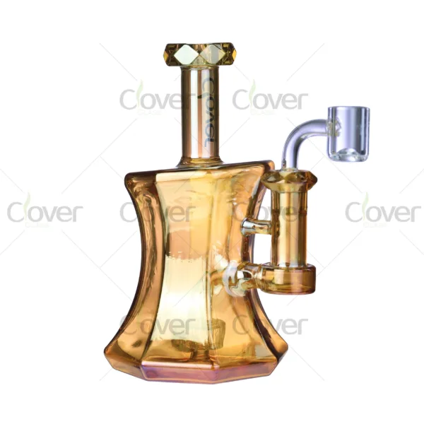 Clover Glass hourglass-shaped iridescent dab rig, premium borosilicate glass with reflective multicolor finish and stable base