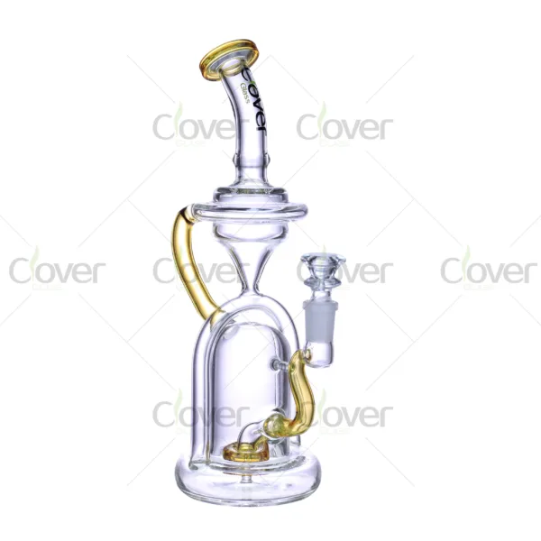 CloverGlass wholesale recycler dab rig with colored glass accents, thick clear glass water pipe for dabbing concentrates, bulk smoking accessories for headshops, distributors and smoke shops
