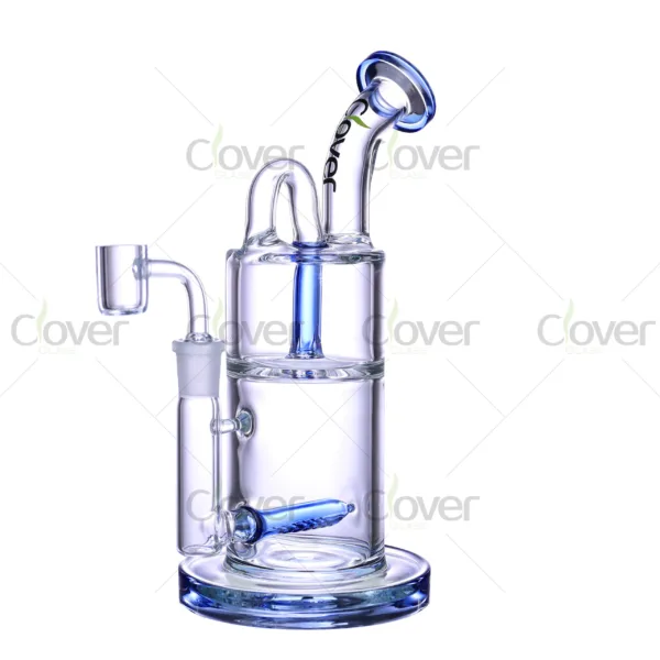 Clover Glass recycler dab rigs with dual chamber design, clear borosilicate body, colored accents, and quartz banger attachment for smooth concentrate use
