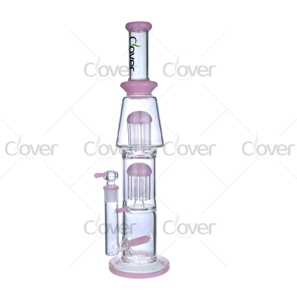 17.7" Double Tree Perc Glass Bong with 18mm Joint – 5mm Thick Colored Base - Clover Glass