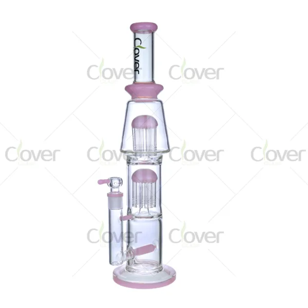 Clover Glass double tree percolator bongs with colored mouthpiece and base, premium borosilicate glass water pipe collection