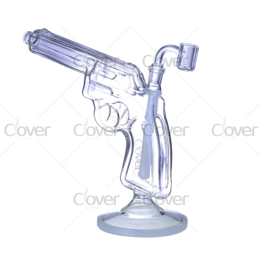 Clover Glass Gun-Shaped Dab Rig – 7.87" Height, 14mm Joint, 5mm Thick, Unique Pistol Design