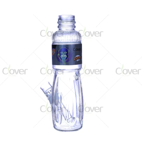Clover Glass energy drink themed glass bong, realistic bottle-shaped borosilicate water pipe with colorful label design