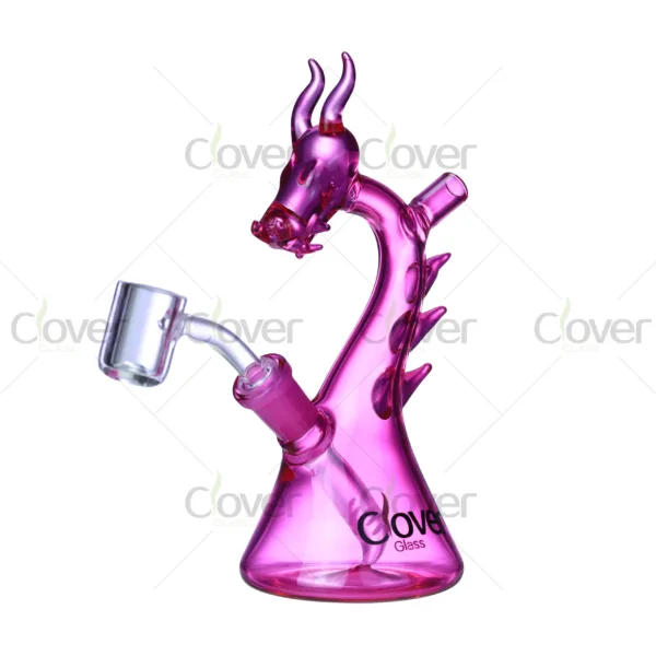 Clover Glass dragon shaped dab rig with quartz banger, available in blue, orange, purple and slyme green, creative borosilicate glass water pipe for dabbing