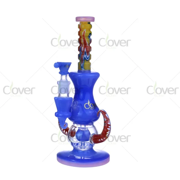 Colorful recycler glass water pipes featuring horn-style handles and vibrant mouthpieces, ideal smoking rigs for dry herb