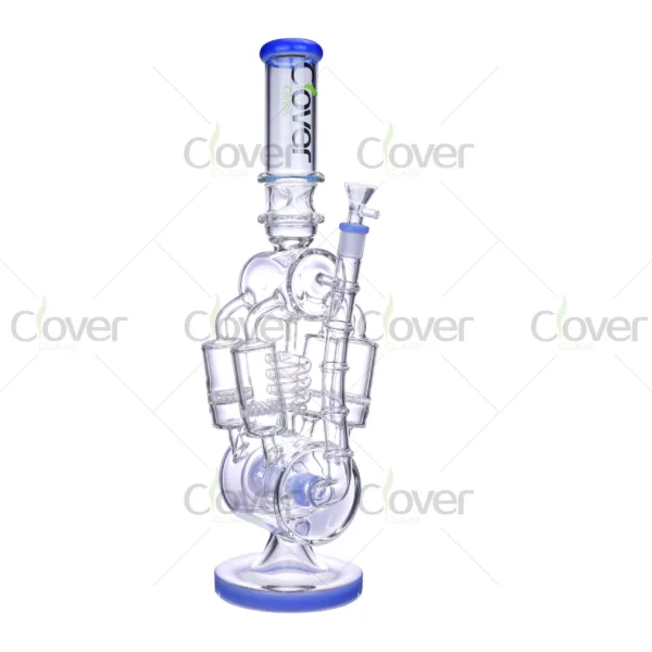 High-end multi-arm recycler bongs by Clover Glass with colored accents and efficient water filtration for smooth hits