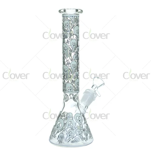 14-inch glass beaker bong featuring glow-in-dark ghost pattern, thick borosilicate water pipe ideal for night sessions.