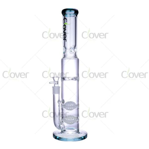 Double perc straight tube water pipes by Clover Glass with honeycomb filters and colorful mouthpieces for smooth smoking