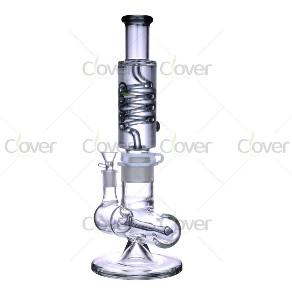 13.8" Horizontal Bong with Glycerin Coil & Barrel Perc – 14mm Joint, 5mm Thick - Clover Glass
