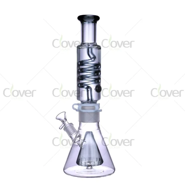 Clover Glass glycerin coil bong with detachable frozen chamber and beaker base, durable borosilicate glass for cold filtration