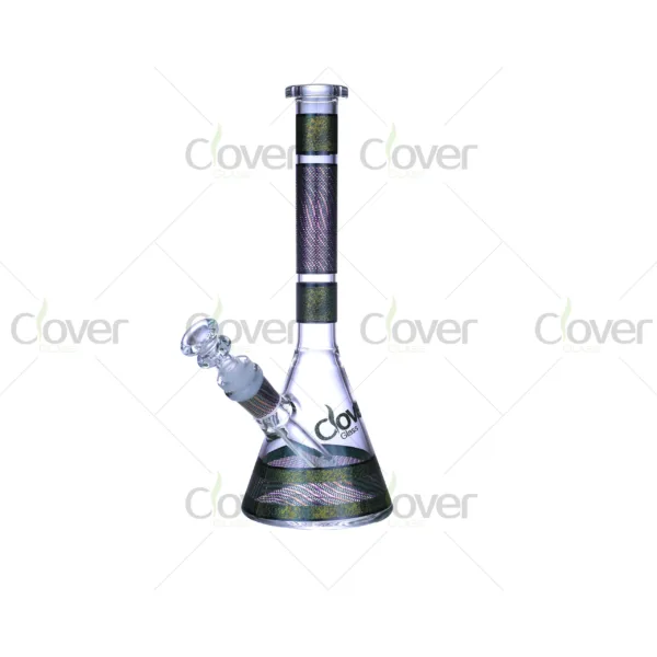 CloverGlass beaker bong wholesale with colorful decal design and gift packaging, durable borosilicate glass water pipe for smoking accessories distributors and bulk buyers.