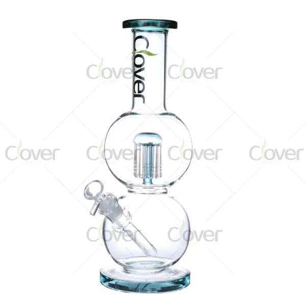 Clover Glass double ball bongs with color accent mouthpieces and percolator system, premium borosilicate glass water pipes
