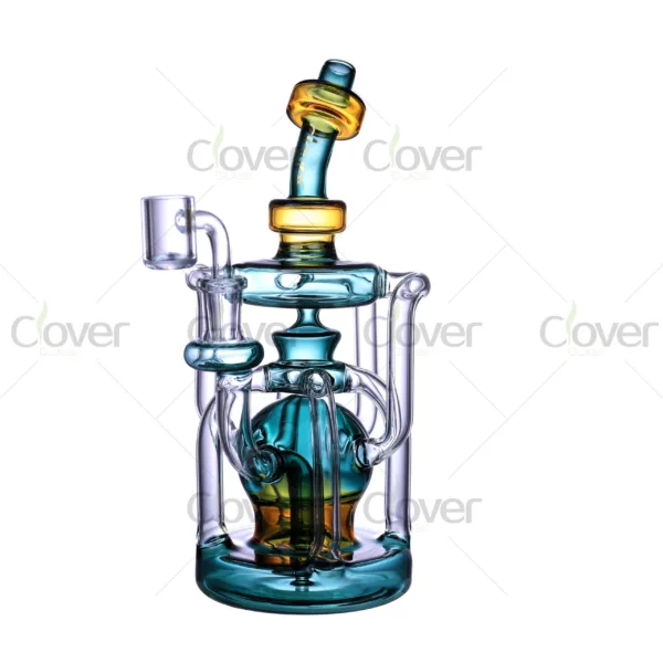 CloverGlass wholesale recycler dab rig with colored mouthpiece and base, thick clear glass water pipe for dabbing concentrates, high quality smoking accessories bulk supply for headshops and distributors