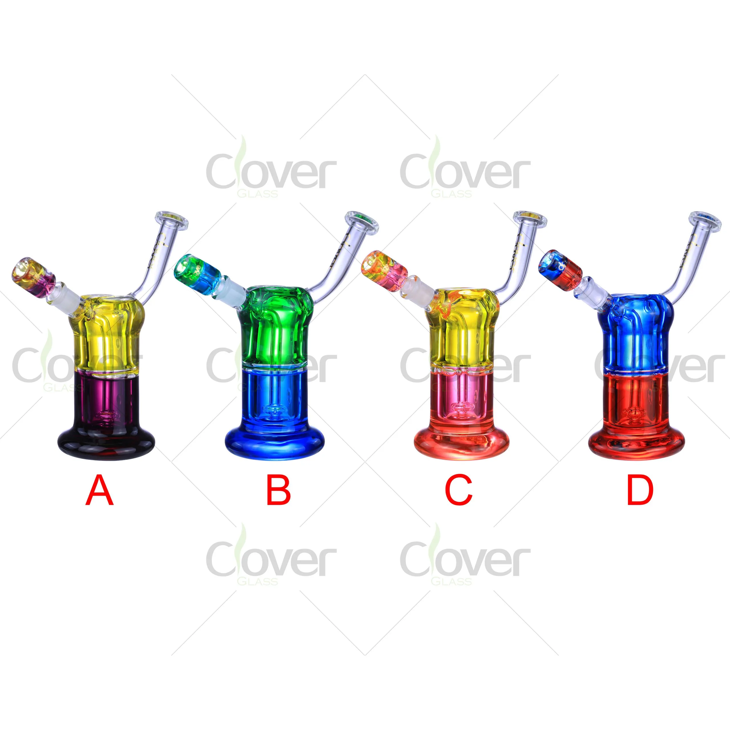 Assorted colorful glass bongs with unique percolator designs and vibrant bases.
