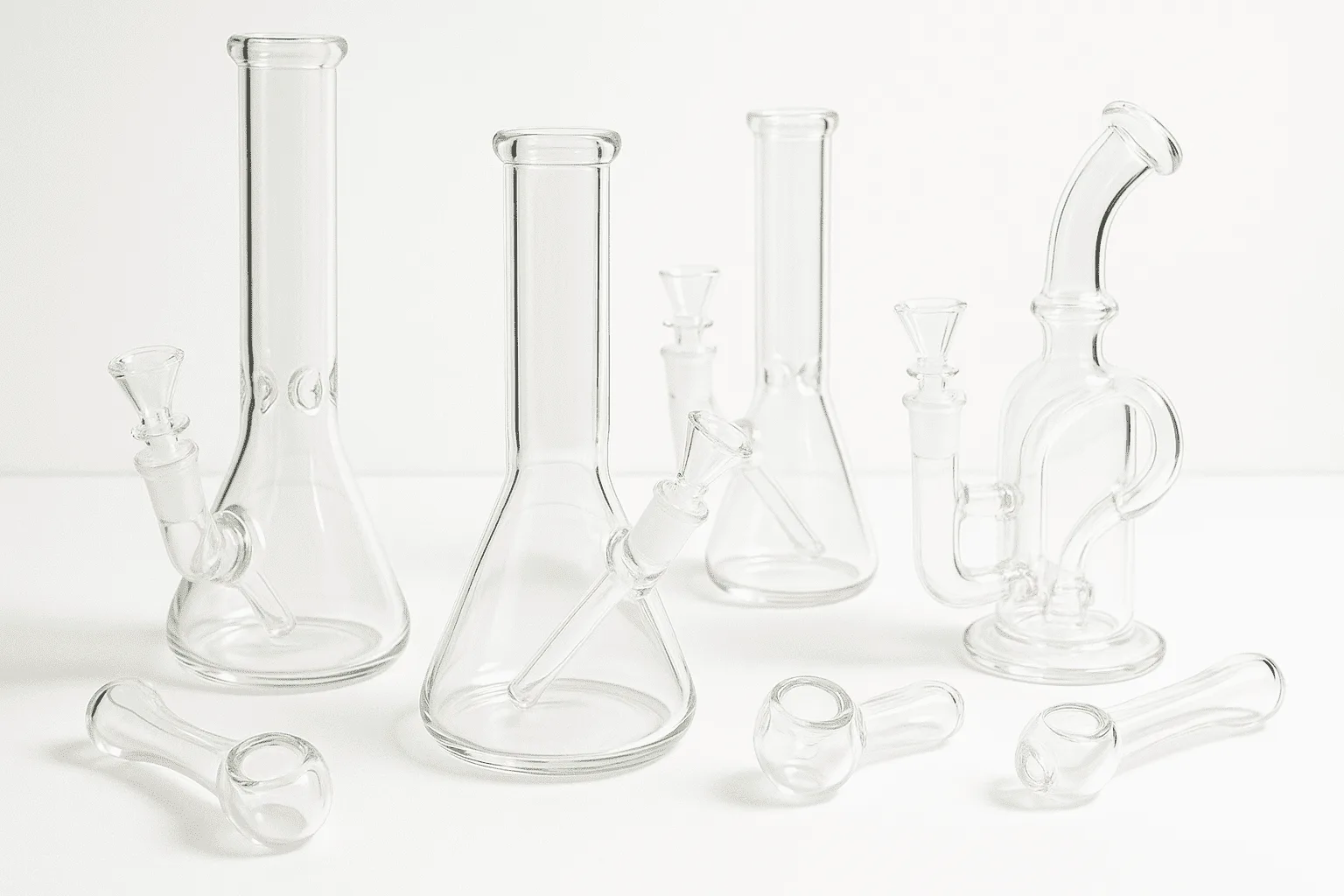 Clear glass bongs, water pipes, and hand pipes displayed on a white background.