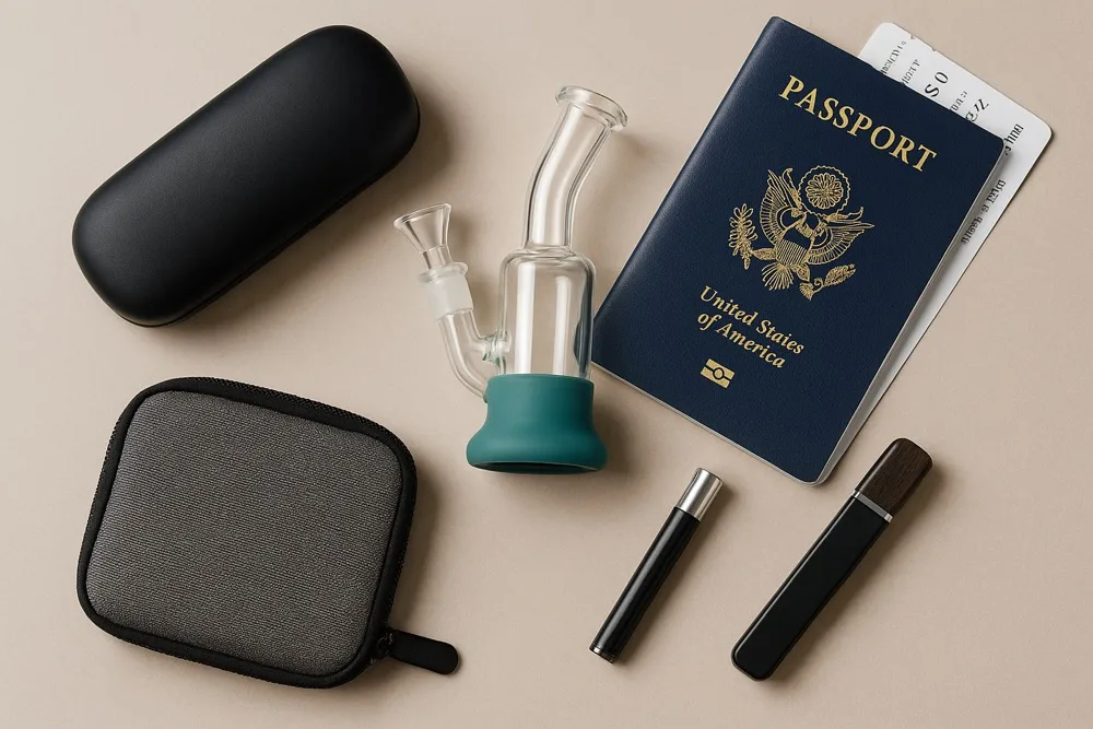 US passport, mini glass bong, vape pens, and travel cases for discreet journeys.