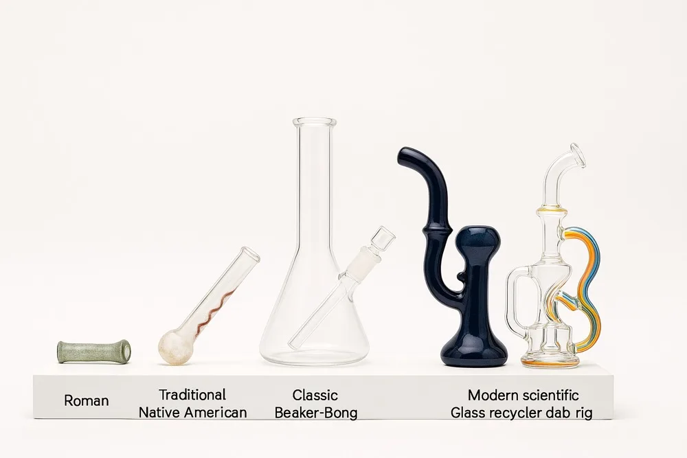 Evolution of smoking devices: Roman, Native American, beaker bong, modern glass dab rigs.
