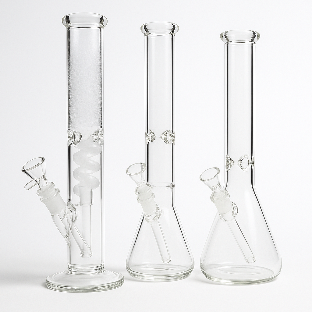 three glass bongs side by side