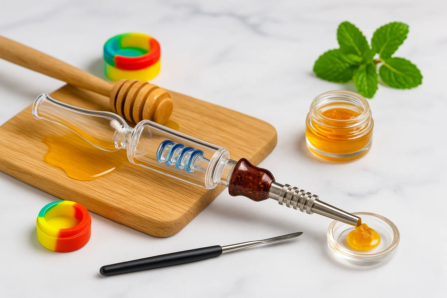 Glass nectar collector dabbing golden cannabis concentrate, with honey, mint, and dab tools.