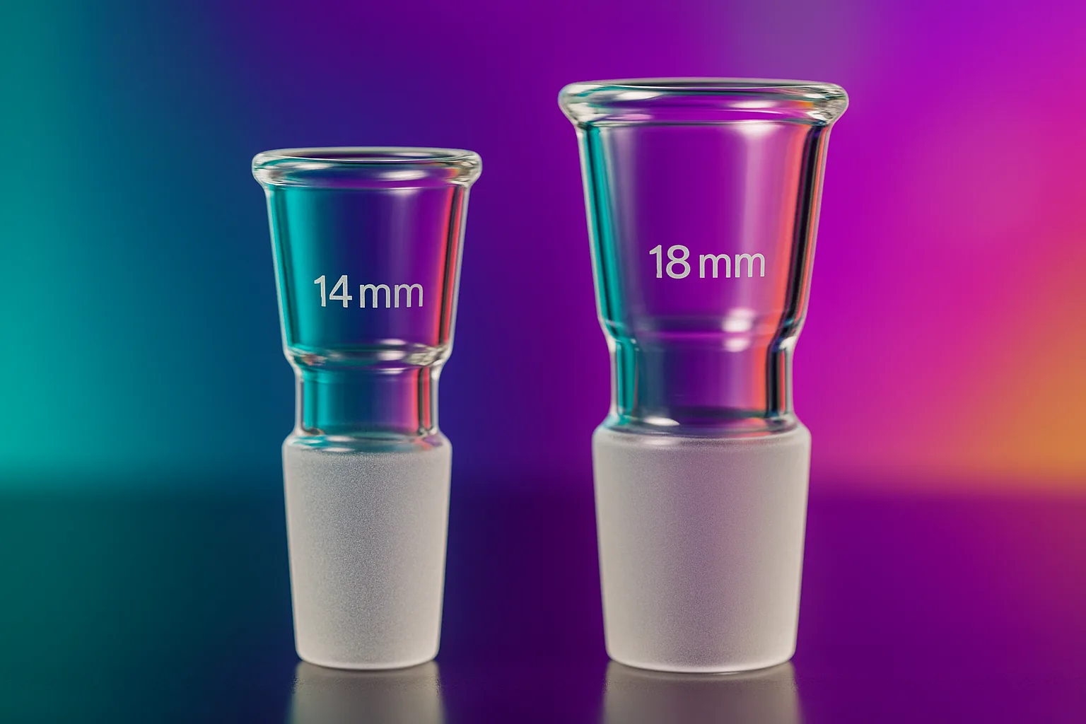 Two clear glass adapters showing 14mm and 18mm female joint sizes.