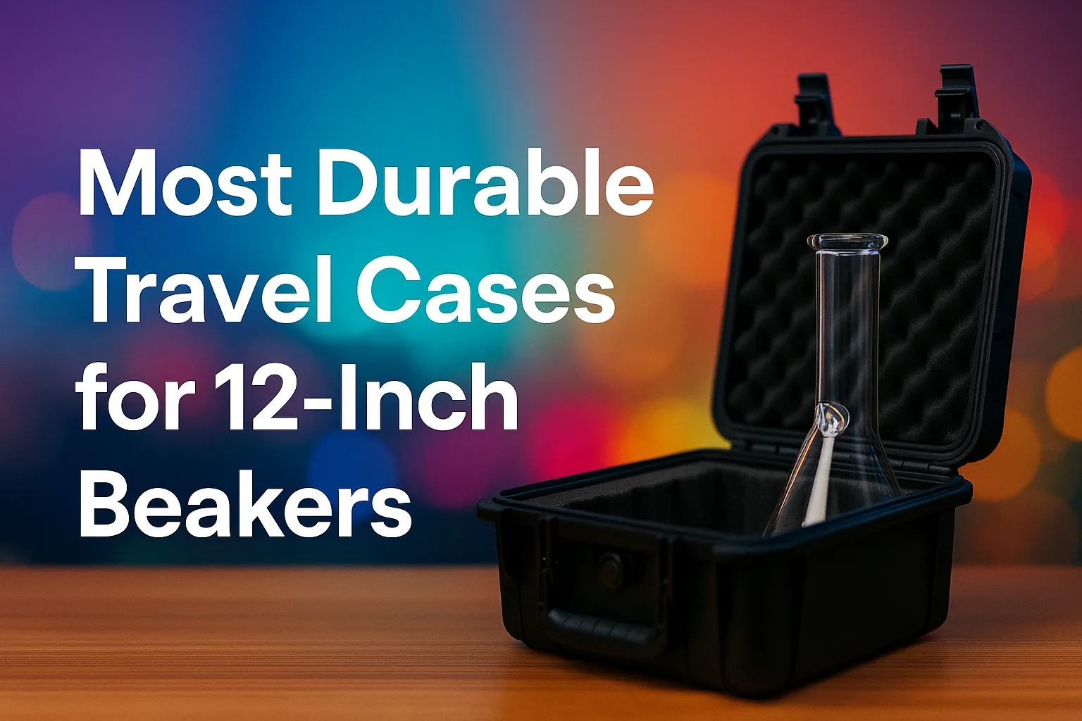 Black durable travel case with foam padding protecting a 12-inch glass beaker.
