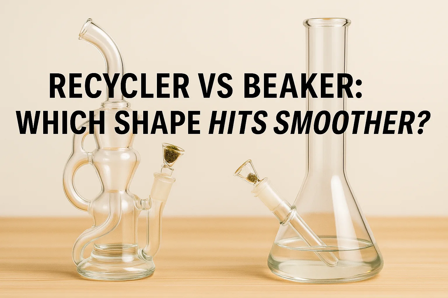 Clear glass recycler rig and beaker bong comparison with text overlay.