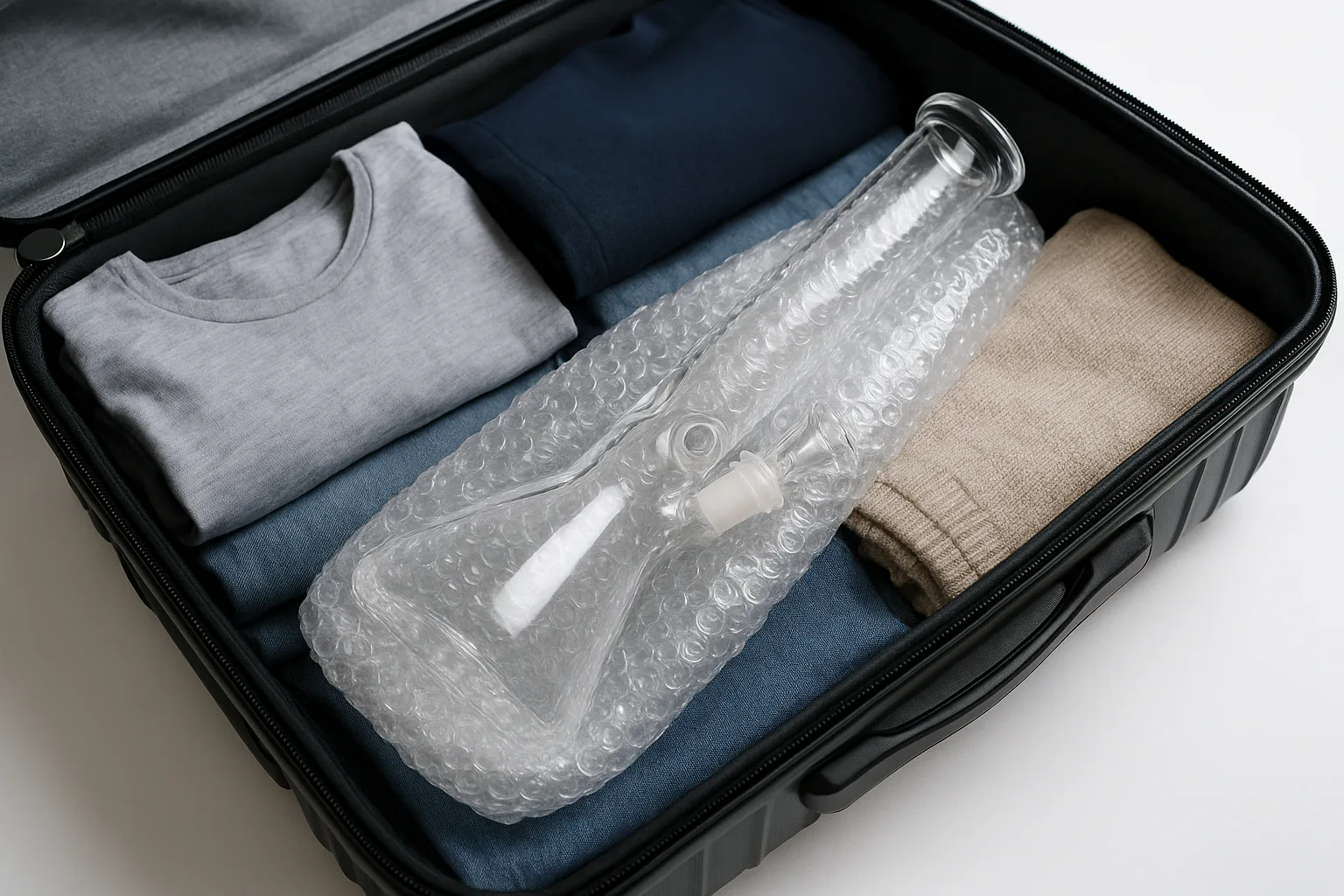 Glass flask wrapped in bubble wrap packed in a suitcase with folded clothes.