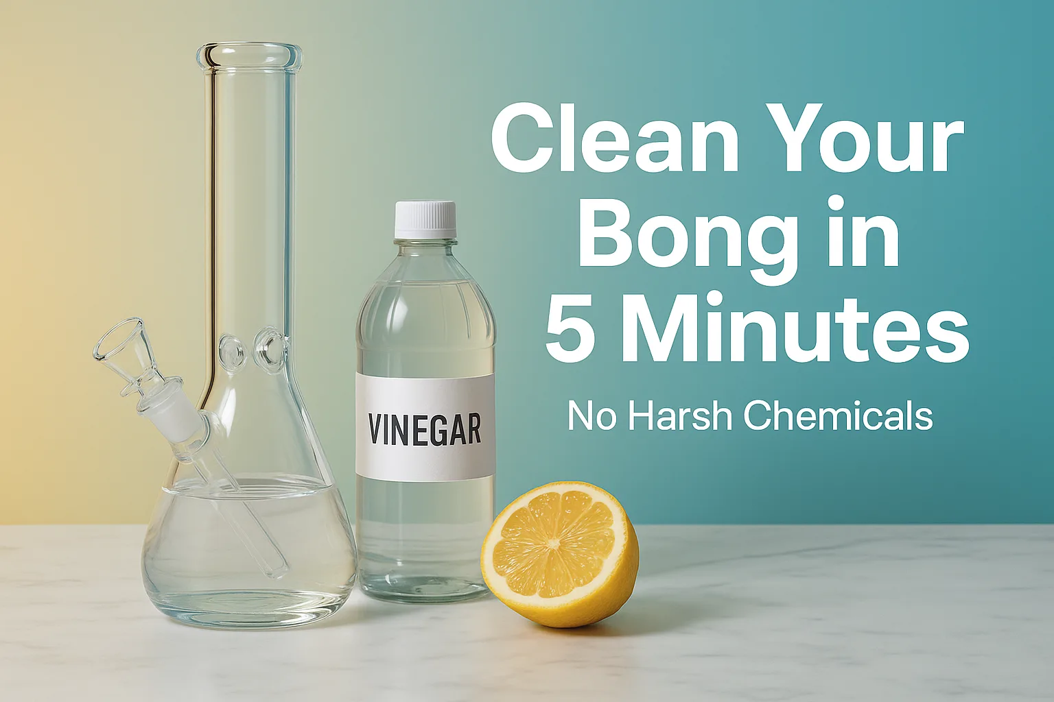Glass bong, vinegar bottle, and lemon for quick, natural 5-minute cleaning.