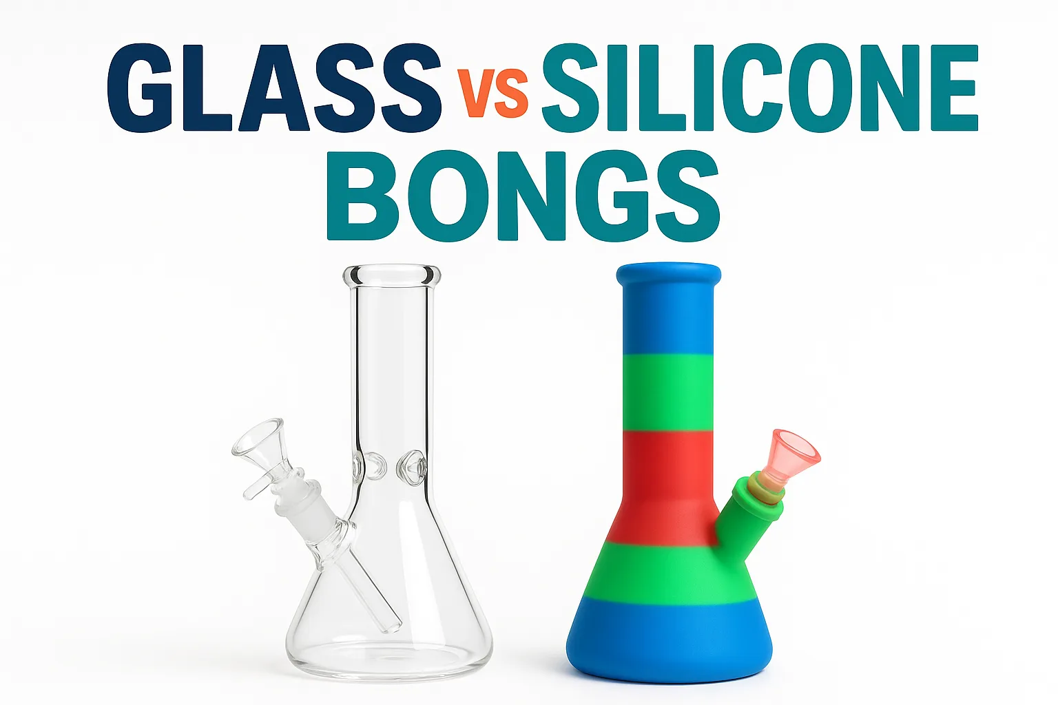 Side-by-side comparison of a clear glass bong and a colorful silicone bong.
