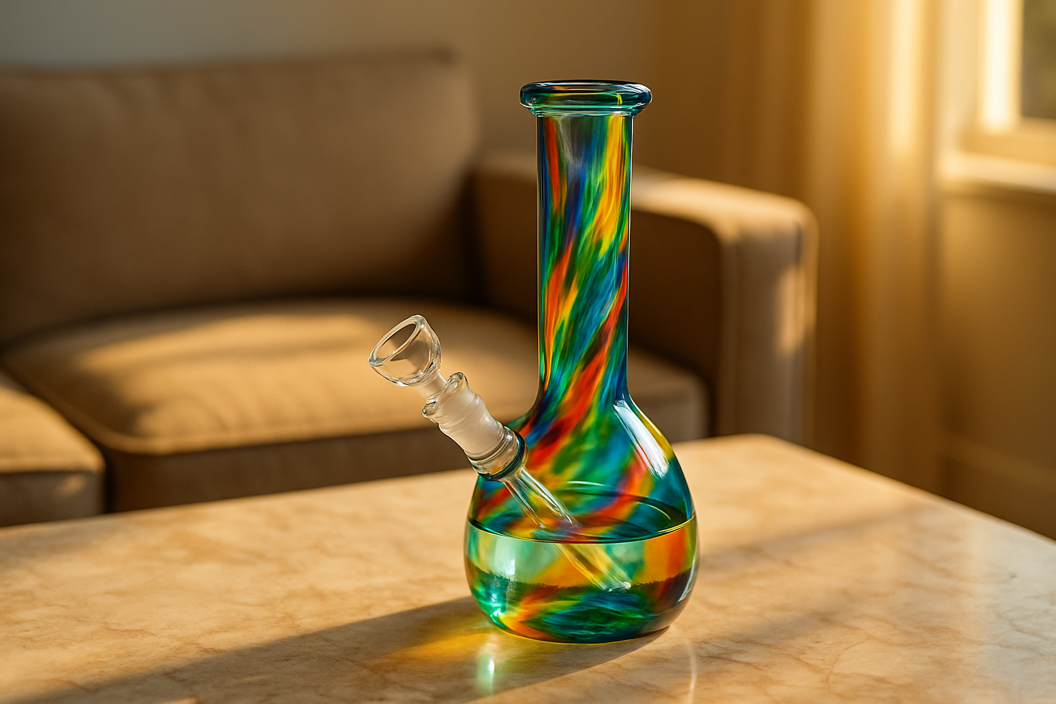 colorful glass bong on marble table