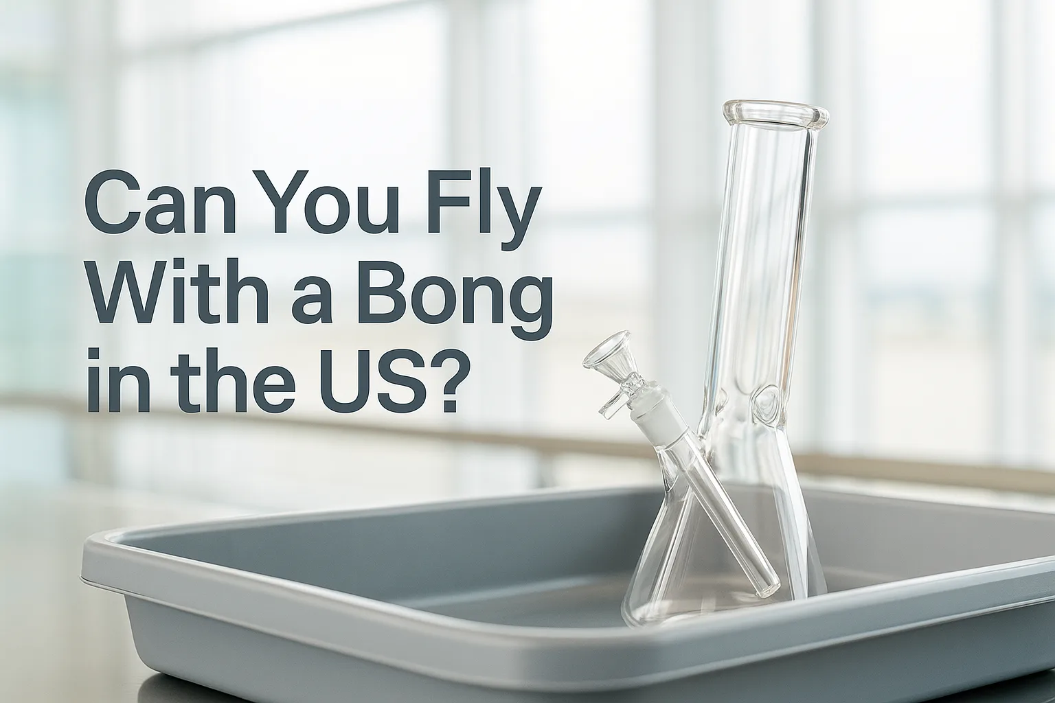Glass bong in airport security tray with question about flying in the US.