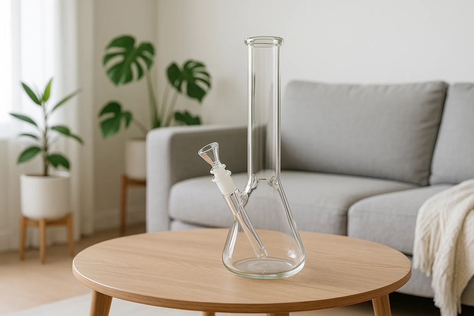 Clear glass beaker bong on a wooden coffee table in a minimalist living room.