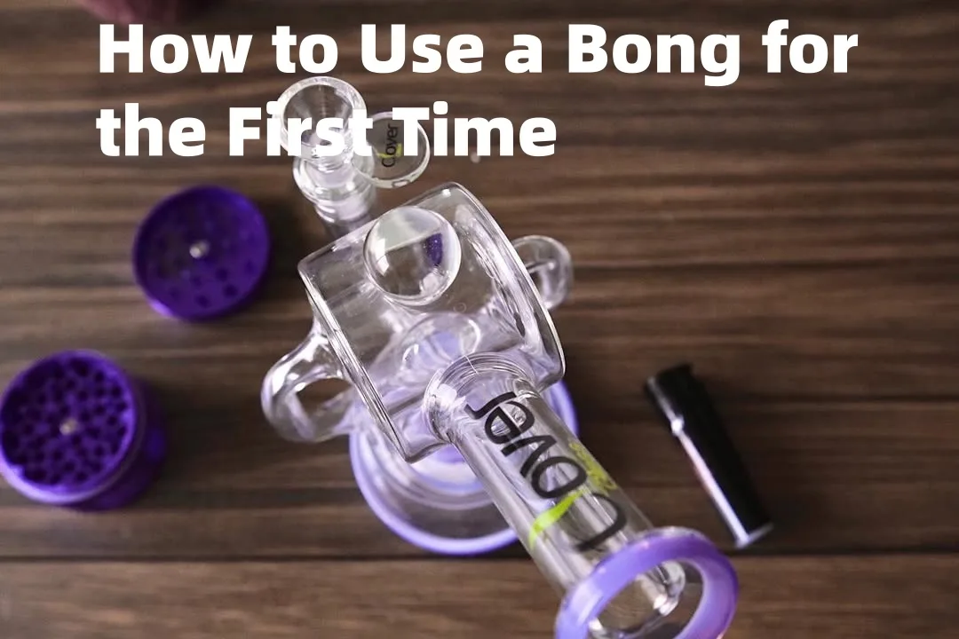Clover glass bong, purple grinders, and lighter on wood, illustrating first-time use.
