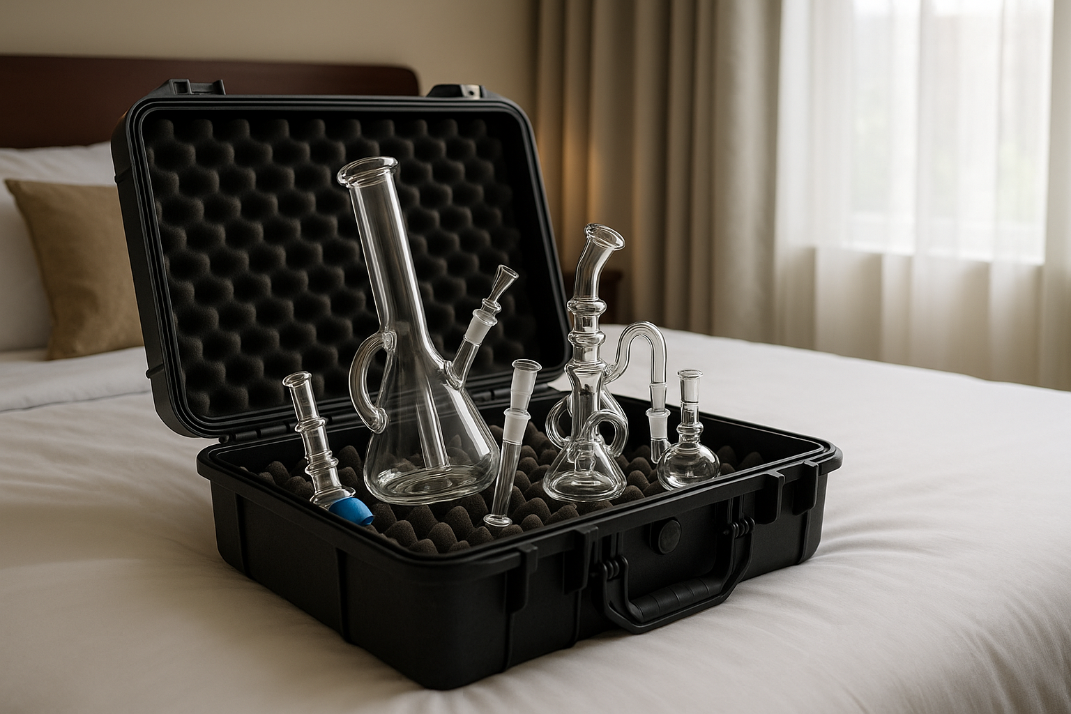 glass pipes packed in suitcase