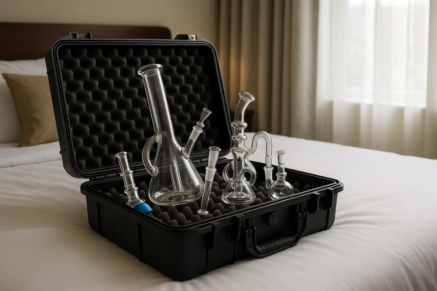 A collection of clean glass bongs and water pipes in a black protective case.