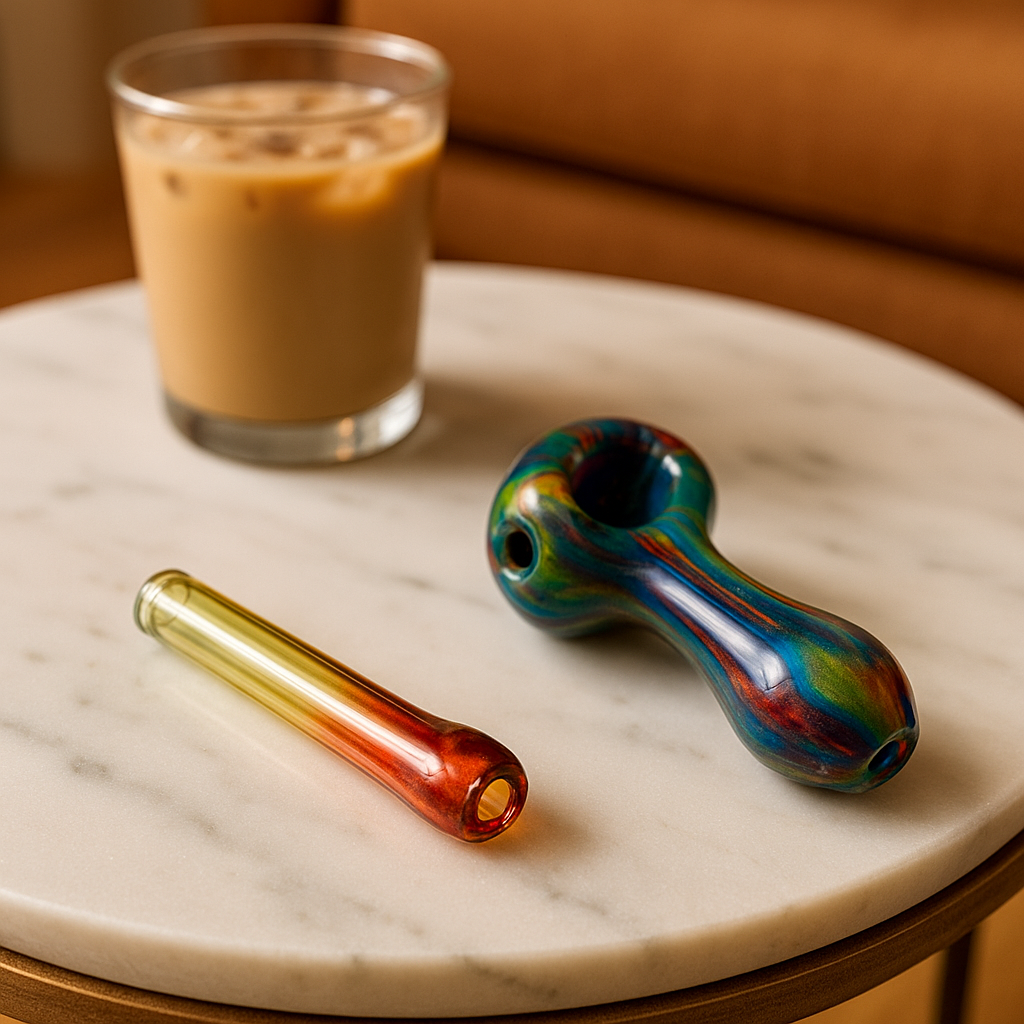 glass pipes on beach towel