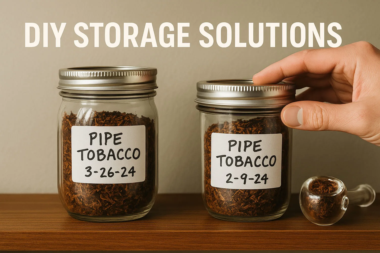 Hand closing a labeled mason jar of pipe tobacco, next to another jar and glass pipe.