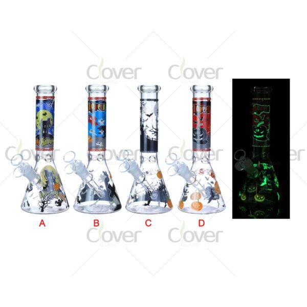Cheap beaker bong with colorful decal designs, durable borosilicate glass for smooth hits.